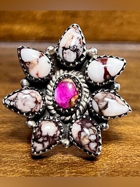 Southwestern Wild Horse Jasper Pink Dahlia Cluster Ring Sterling Silver 925